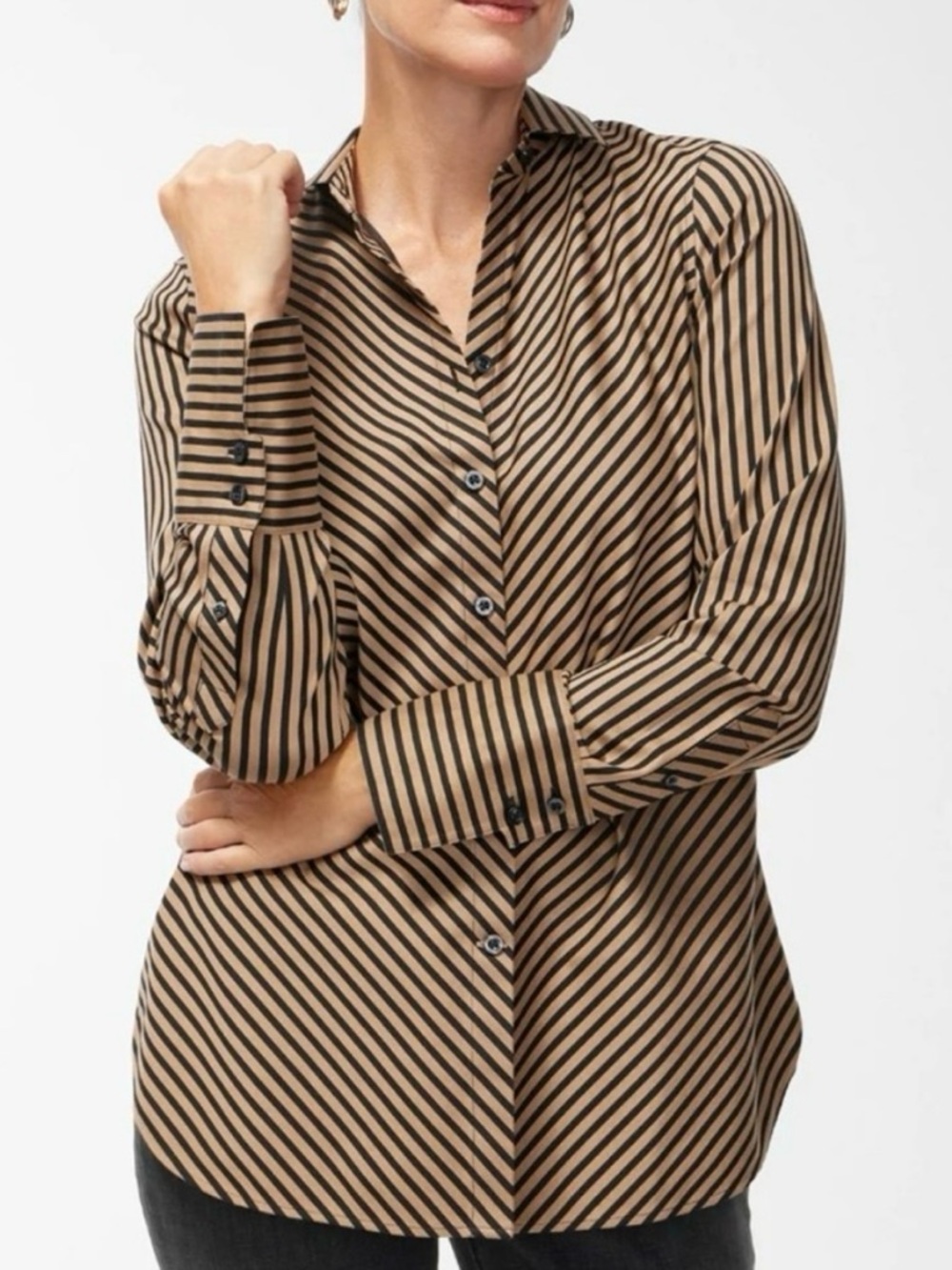 Chicos No Iron Slimming Imperial Stripe Tunic Shirt Black Tan Size 2.5 / L 14